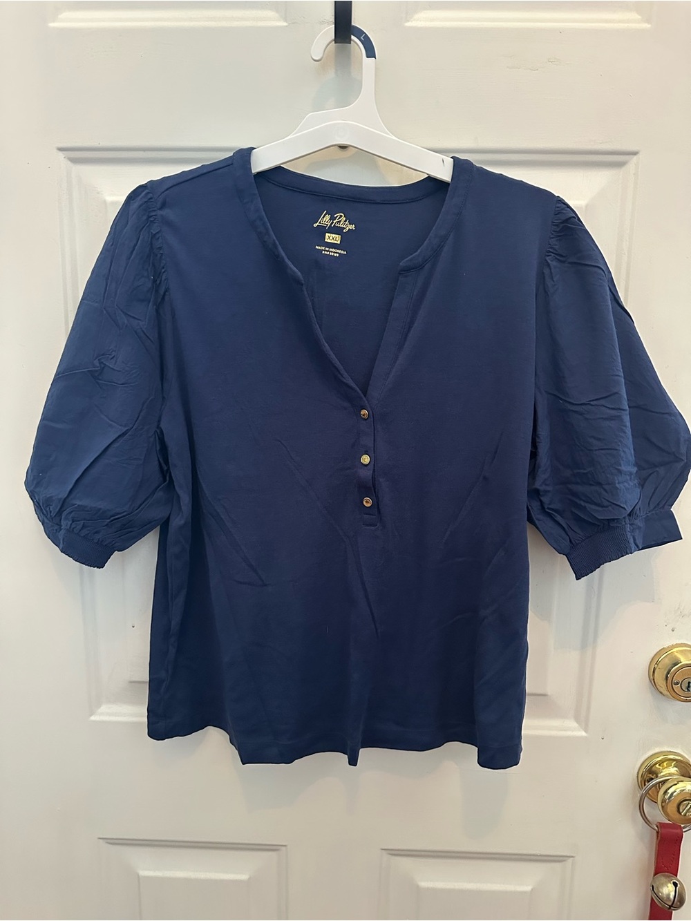 Lilly Pulitzer Navy Puff-Sleeve Henley Blouse
